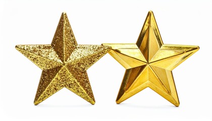 Obraz premium Golden star ornaments sparkle against a white background, evoking a festive and celebratory holiday spirit.