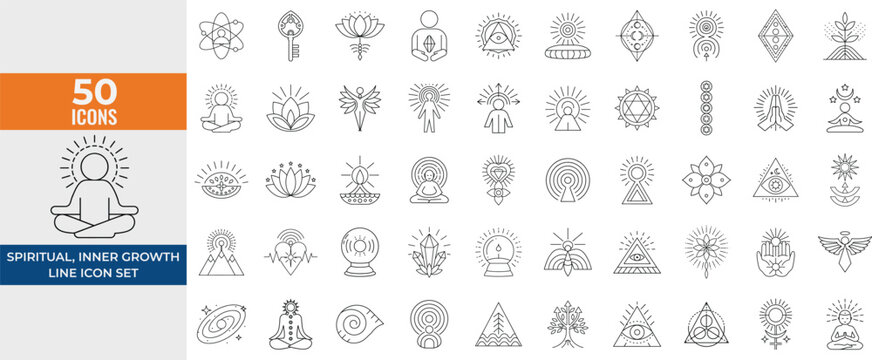 Spiritual Growth & Mindfulness Icons – Vector Illustrations of Meditation, Chakra Symbols, Personal Transformation, Enlightenment, Crystal Energy & Esoteric Designs