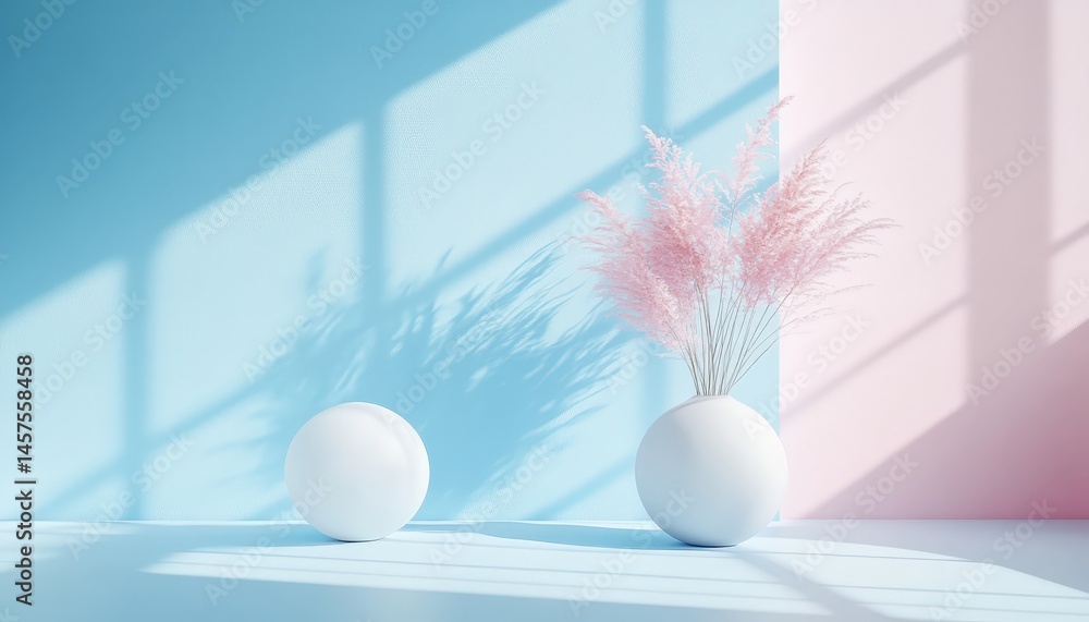 Poster Minimalist floral display on a circular stand with soft pastel background creating a serene and calming atmosphere
