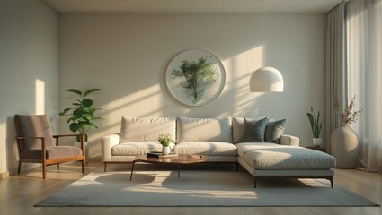 Photorealistic image of a minimalist living room