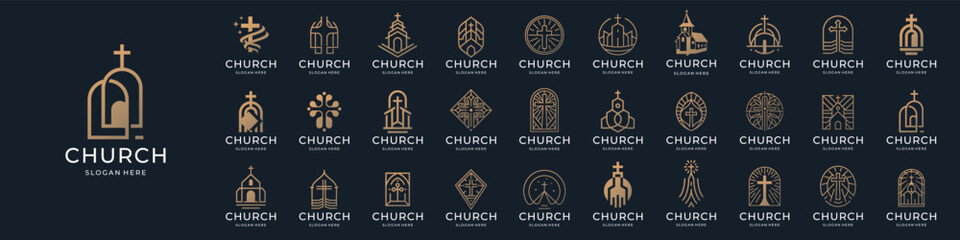set of church logos. inspiration jesus christ cross minimalist symbol,gold color on dark background.