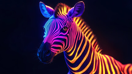 Fototapeta premium Dazzling neon zebra shining brightly on black background image. [Neon Beasts] | Ultra Pulse | bright predator. Illustration