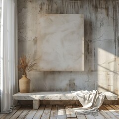 A white framed picture is on a wall. A vase with brown flowers is on a bench