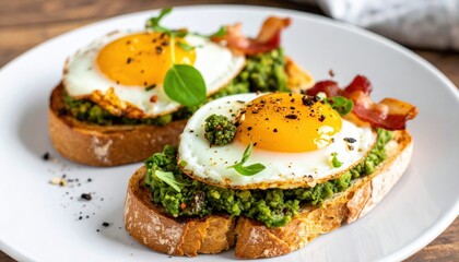 Avocado pesto toasts topped with vibrant green herbs and crispy bacon offer a delicious brunch spread on a rustic wooden surface.