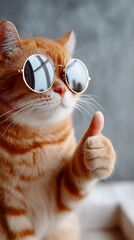 Ginger cat with sunglasses gives a thumbs-up against a gray wall