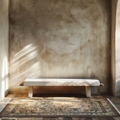 A bench is in front of a wall. The bench is made of stone