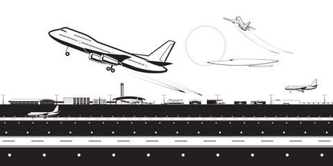 Airport with airplanes landing and taking off  – vector illustration