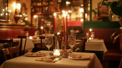 Romantic Candlelit Dinner Table Setting in a Cozy Restaurant