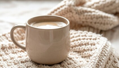 A cozy, warm mug of coffee rests on a cream-colored knitted blanket, evoking a feeling of comfort and relaxation on a chilly day.