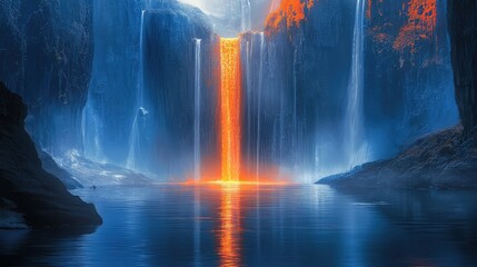 Fiery waterfall cascading into a tranquil lake, framed by dramatic cliffs