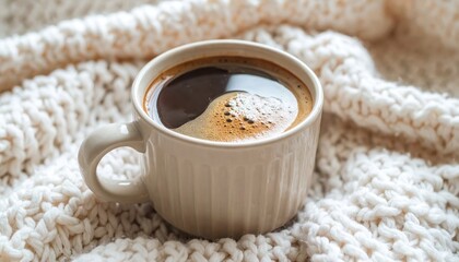 A warm, comforting cup of coffee sits on a cozy, cream-colored knitted blanket, evoking feelings of relaxation and a quiet morning.