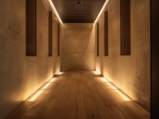 A long hallway with a lighted floor. The floor is made of wood. There are no people in the hallway