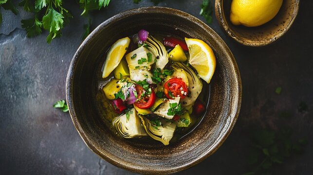 Turkish Zeytinyal Enginar artichokes olive oil and vegetables served cold with a side of fresh lemon wedges Light refreshing and full of flavor Top down view