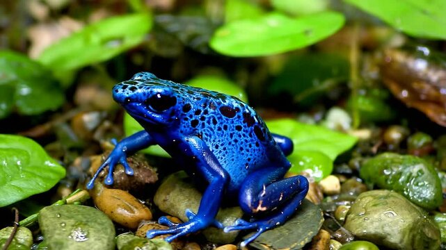 Close-up Blue poison dart frog resting on a rocky surface among greenery. Dyeing poison dart frog. Dendrobates tinctorius. Dendrobates Azureus