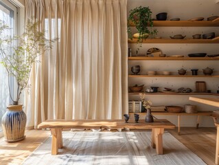A wooden table with a vase on it. The table is in front of a curtain. There are many bowls on a shelf