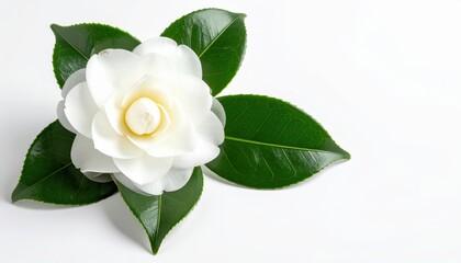 Fototapeta premium A pristine white camellia with vibrant yellow stamens blooms gracefully against a clean white background, evoking elegance and springtime renewal.