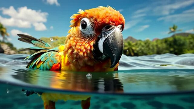 Tropical Parrot Serenity: A vibrant, colorful parrot gracefully floats in crystal-clear water under a bright, sunny sky. the serene image. capturing the beauty of tropical life