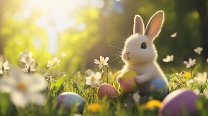Adorable Easter Bunny Amidst Spring Blossoms and Eggs