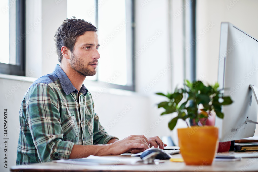 Poster desktop, businessman and computer typing for research, startup and website layout in agency. web des