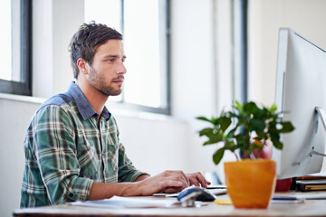 Desktop, businessman and computer typing for research, startup and website layout in agency. Web...