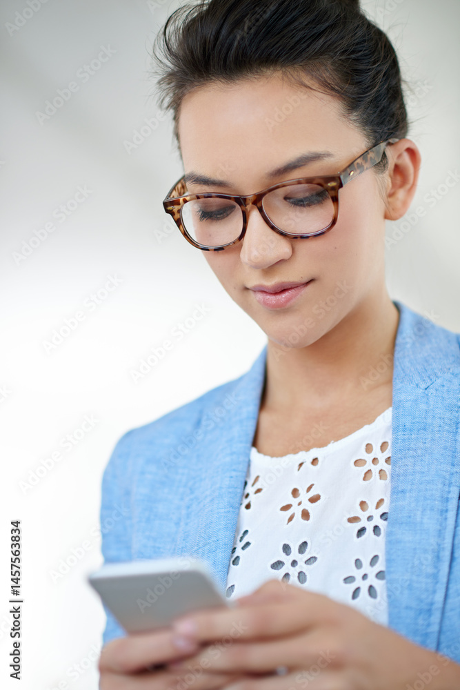 Poster business, woman and smartphone or texting in office, communication and social networking in creative