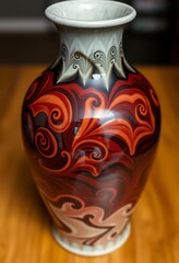 red and white vase sitting on top of a wooden table
