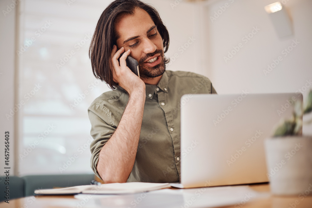 Poster creative, laptop and phone call with man planning in office of small business for web design. comput