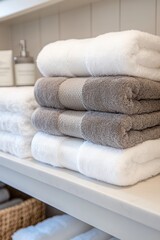 Folding and organizing soft towels on a bathroom shelf in a modern home