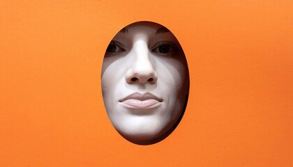 A minimalist portrait of a fair-skinned woman with striking features and dark hair contrasts against a vibrant orange background, conveying a sense of quiet intensity.