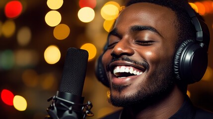Musician sings passionately in a recording studio with vibrant bokeh lights in the background during nighttime session
