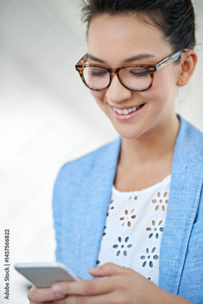 Poster business, woman and smartphone or typing in office, communication and social networking in creative 
