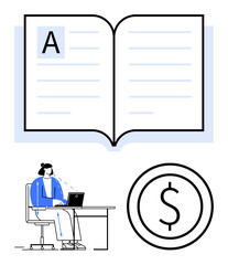 Open book, person working on a laptop at a desk, and dollar sign highlight education, knowledge, technology, finance, productivity, learning and remote work. Ideal for e-learning platforms