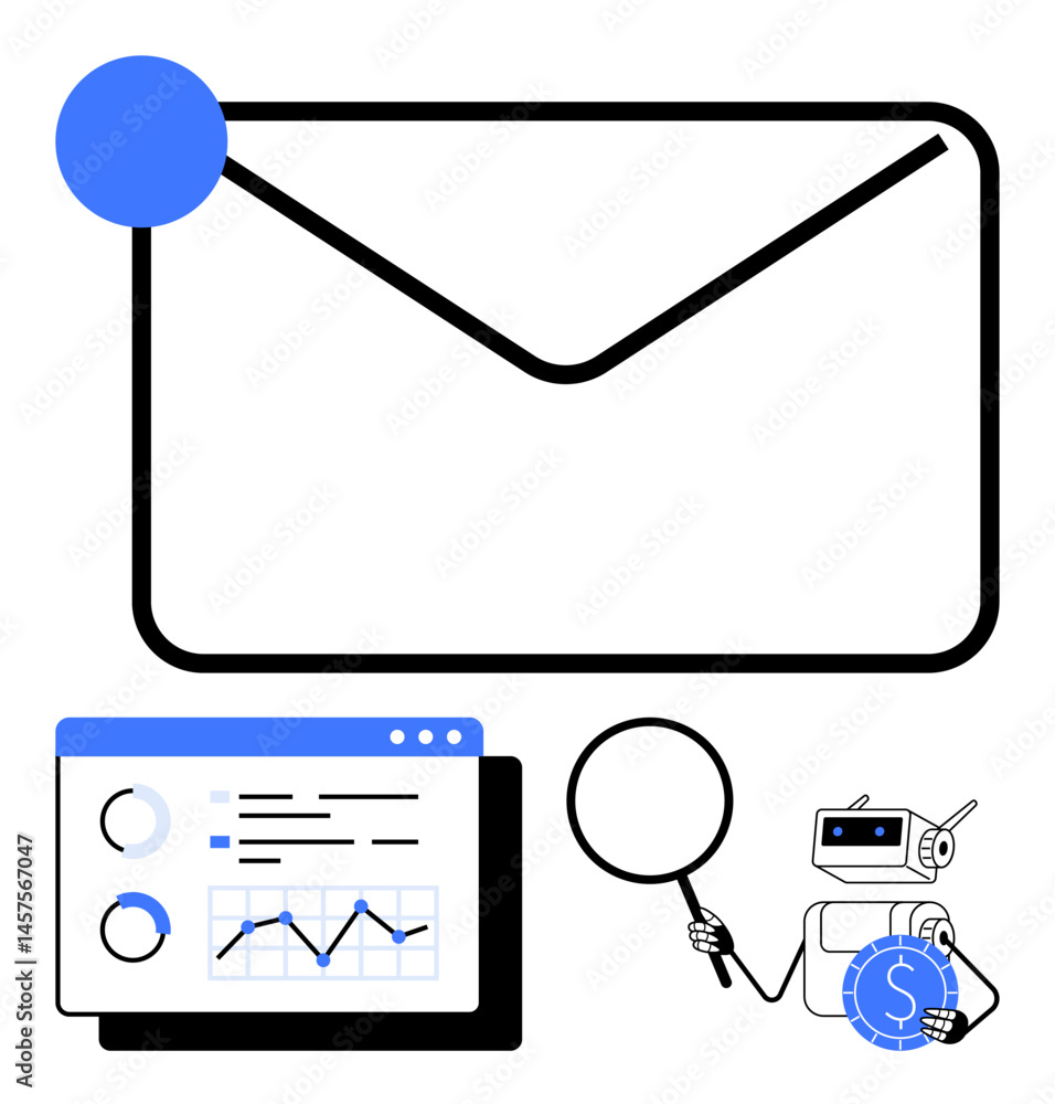 Poster large envelope with notification, data chart on digital screen, magnifying glass, and robot holding 