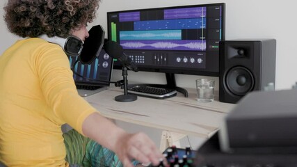Music production, Young female artist recording audio song in software with laptop computer in studio