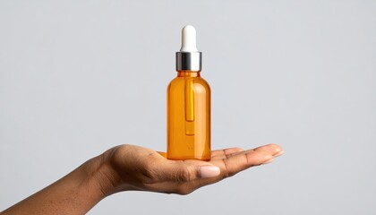Fototapeta premium A hand delicately holds a golden amber dropper bottle against a neutral gray backdrop, showcasing a luxurious skincare or wellness product.
