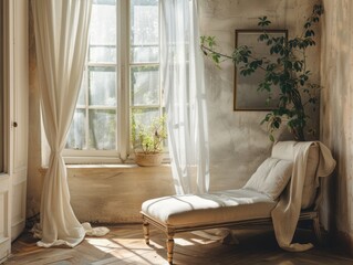 A white chaise lounge is in a room with a window. A potted plant is next to the window