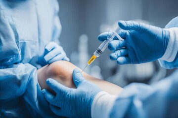 Medical professional injecting medicine into a patient's knee during a medical procedure.
