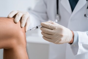 A doctor giving a knee injection to a patient, showing a medical procedure in detail.