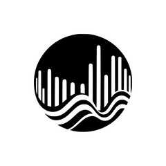 Abstract Sound Wave and City Skyline Icon in Black Circle: Minimalist Vector Graphic