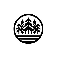 Minimalist Abstract Forest Tree Emblem Logo in Black and White Circle