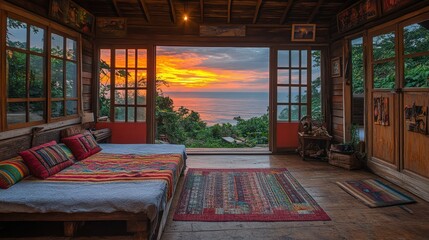Naklejka premium Sunset Ocean View Cabin Bedroom Relaxation
