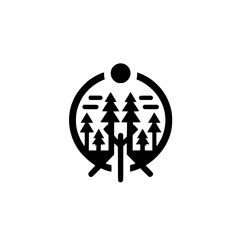Minimalist Geometric Forest and Sun Logo in Circle - Clean Black and White Nature Emblem Icon