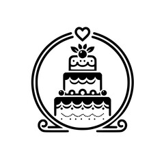 Minimalist Vector Tiered Cake Icon with Heart in Elegant Frame for Wedding and Celebration Design