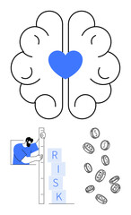 Brain with heart symbol, person measuring risk with blocks, coins scattered. Ideal for finance, emotional intelligence, business planning, self-development, decision-making, education simple landing