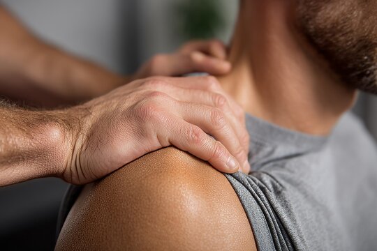 A therapist's hands gently massage the shoulder of a patient, promoting relaxation and well-being.