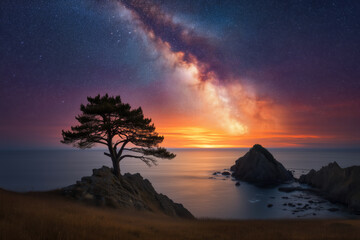 Lone tree on cliff by ocean at sunset with Milky Way in night sky