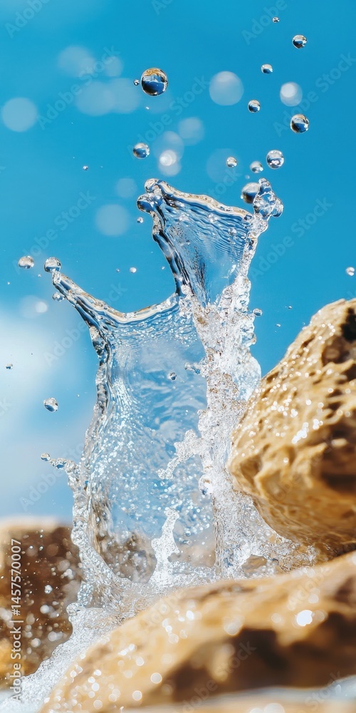 Poster water splashing dramatically against light-brown rocks, creating a crown-like shape with droplets su