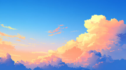 Fototapeta premium Dramatic blue sky with towering spindrift clouds and vibrant orange hues at sunset, orange, dramatic, vibrant. sundrift. illustration. [Graviton Cities] | Floating Spires | sky towers. Illustration