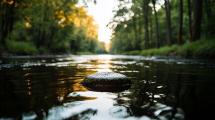 Fototapeta premium Serene river scene at sunset, mossy rock in calm water