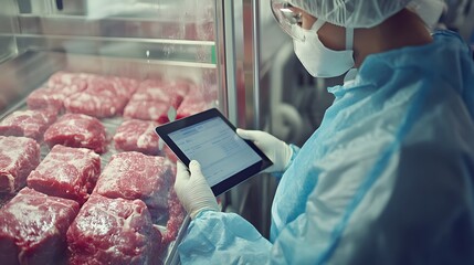 Worker using tablet to inspect red meat products in a laboratory setting, ensuring quality control and adherence to safety standards.